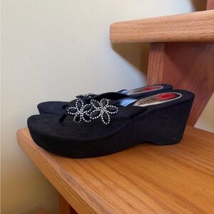 Nina new Black Jeweled Wedge Flip-Flop Sandals - Women